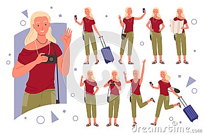 Girl traveler pose set, n young tourist woman traveling photographing, posing for selfie Vector Illustration