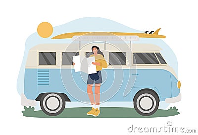 The girl travels by car on summer vacation. Happy girl in a van during summer travel. Women in a van Vector Illustration