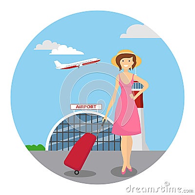 Girl travels with luggage. Girl with a tourist suitcase against the background of the airport with a take-off airplane. Vector Cartoon Illustration