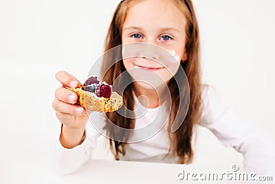 Girl treating you with berry cake, free space Stock Photo