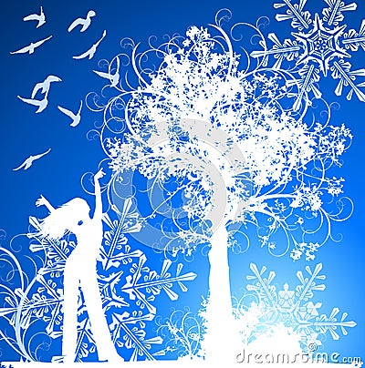 Girl, tree, birds & snowflakes Vector Illustration