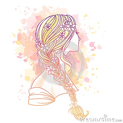 Girl with tress. Wedding hair style with flowers from the back, hand drawn vector illustration Vector Illustration