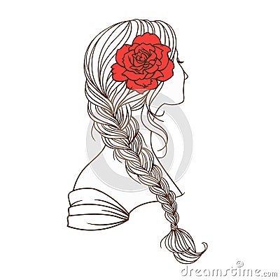 Girl with tress. Wedding hair style with flowers from the back, vector outline illustration Vector Illustration