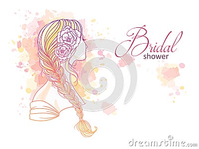 Girl with tress. Wedding hair style with flowers from the back, hand drawn vector outline illustration for invitation and bridal Vector Illustration