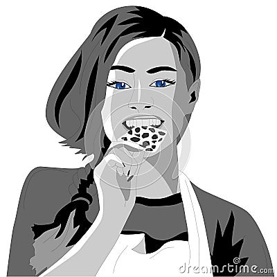 The girl tries a delicious piece of cheese Vector Illustration