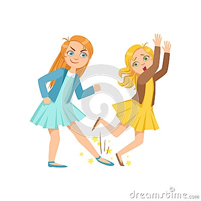 Girl Tripping Smaller Kid Teenage Bully Demonstrating Mischievous Uncontrollable Delinquent Behavior Cartoon Vector Illustration