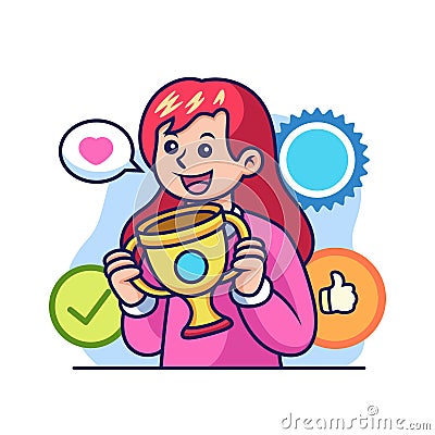 Girl with Trophy Cartoon. Academic Vector Icon Illustration, Isolated on Premium Vector Stock Photo