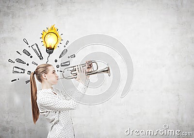 Girl with trumpet, bulb and exclamation marks Stock Photo