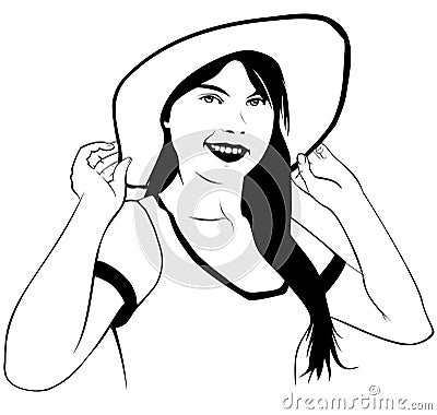 A girl trying on a beach hat Vector Illustration