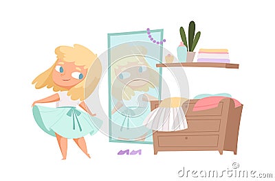 Girl trying on dress. Little child looks in mirror, baby changes clothes. Cartoon isolated fashion female vector Vector Illustration