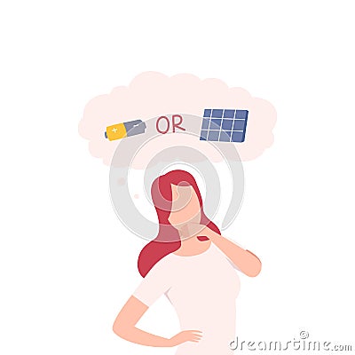 Girl Trying to Make Decision, Renewable Energy, Woman Thinking about Environmental Protection Flat Vector Illustration Vector Illustration