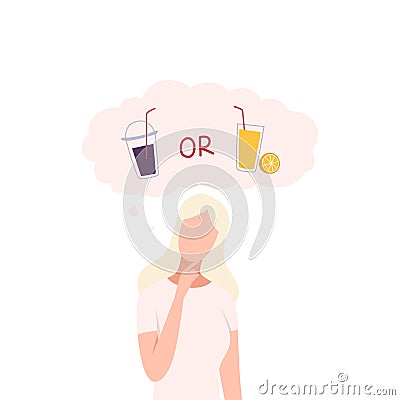 Girl Trying to Make Decision, Soda Drink or Fresh Juice, Woman hoosing Between Healthy and Unhealthy Food Flat Vector Vector Illustration