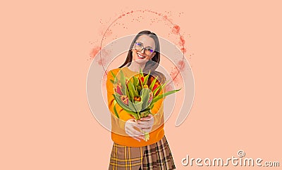 Girl with tulips. International Women's Day. Happy woman in a orange dress with spring flowers. Download photo Stock Photo