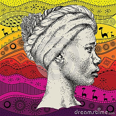 Girl in turban with African hand draw ethno pattern, tribal background. Beautiful black woman. Profile view. Vector illustration Vector Illustration