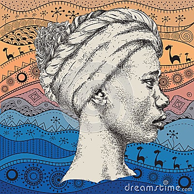 Girl in turban with African hand draw ethno pattern, tribal background. Beautiful black woman. Profile view. Vector illustration Vector Illustration