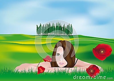 Girl in Tuscan Landscape Vector Illustration