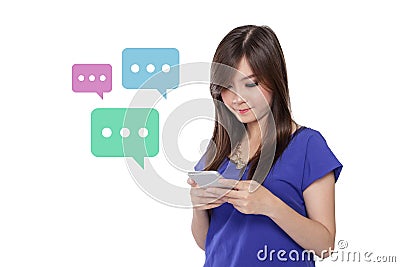 Girl typing text messages with smartphone, colorful chat bubbles, isolated on white Stock Photo