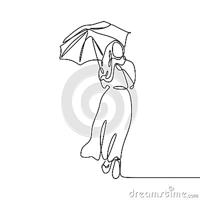 Girl with umbrella awesome and pretty continuous line drawing minimalist design. Hijab women elegant design Vector Illustration