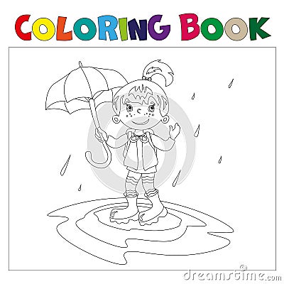 Girl with umbrella coloring book Vector Illustration
