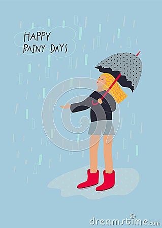 Girl umbrella enjoy rain illustration postcard Cartoon Illustration