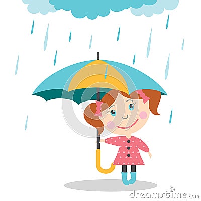 Girl with umbrella standing under the rain. Vector Illustration