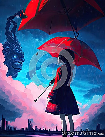 Girl with Umbrella in Urban Skyline Stock Photo