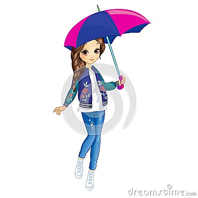 Girl With Umbrella Walking Vector Illustration