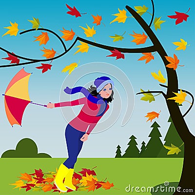 Girl with umbrella in windy weather near autumn tree on forest background Vector Illustration