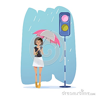 Girl under rain on footpath waiting for across the road or wait for someone - vector Cartoon Illustration