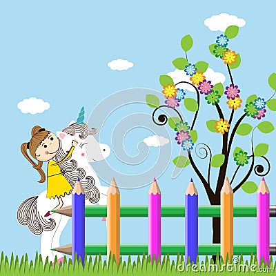 Girl and unicorn Vector Illustration