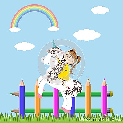 Girl and unicorn Vector Illustration