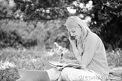 Girl use modern technology for business. Use opportunity digital technology. Modern technology give more opportunities Stock Photo