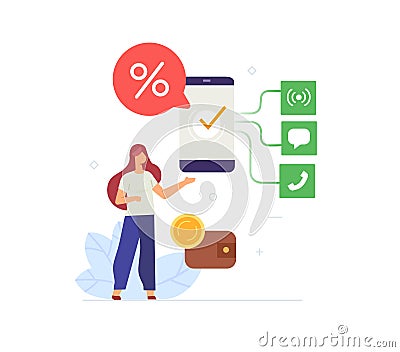 Girl uses a smartphone, favorable tariff, mobile operator, package of services illustration. Smartphones tablets user Vector Illustration