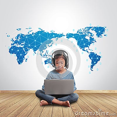 Girl using laptop computer with social network connecting all over the world Stock Photo