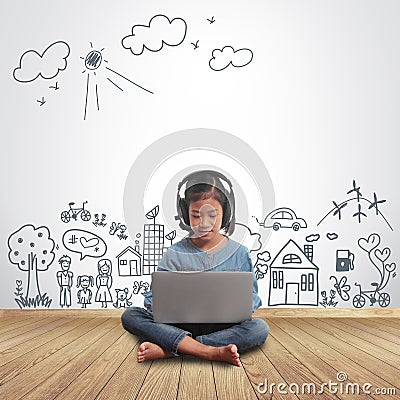 Girl using laptop with creative drawing environment concept Stock Photo