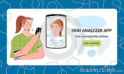 Girl using mobile camera to analyze skin condition and get professional advise. Vector Illustration