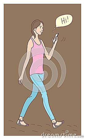 Girl using smartphone flat design cartoon Vector Illustration