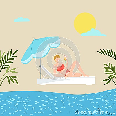 Girl on vacation holiday sea beach, tropical palms and sand, young woman sunbathes on seaside beach flat vector Vector Illustration