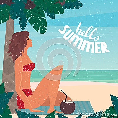 Girl on vacation relaxing on the beach Vector Illustration