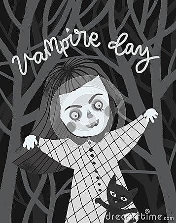 Girl vampire with a cat Cartoon Illustration