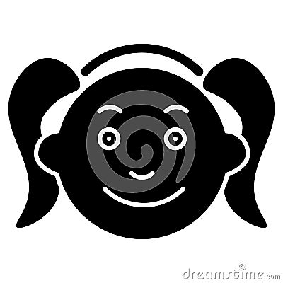 Girl vector icon. Black and white funny little girl face illustration. Solid linear icon of kid. Vector Illustration