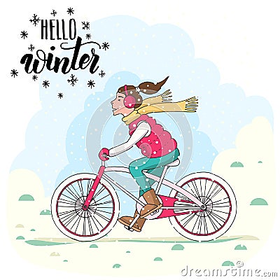 Girl in vest and warmed headphones on a bicycle rides through the snowdrifts. Sketch, hand drawn illustration. Hand made lettering Vector Illustration