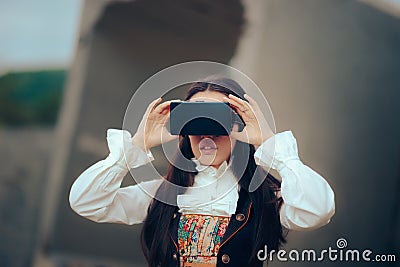 Girl in Costume with VR Glasses in Virtual Reality Concept Portrait Stock Photo