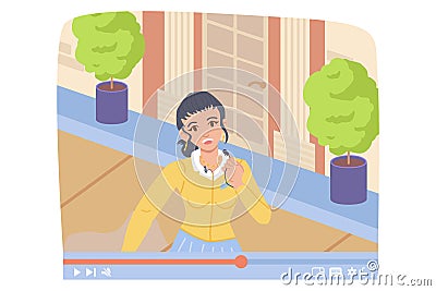 Girl vlogger streaming from the street. Cartoon Illustration