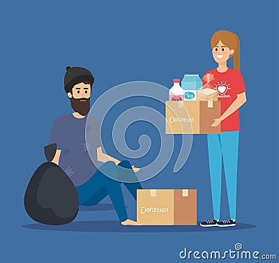 Girl volunteer with box donation to indigent Vector Illustration