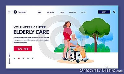 Girl volunteer carries elderly woman in wheelchair. Vector character illustration. Taking care of seniors people concept Vector Illustration