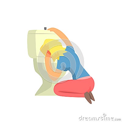 Girl Vomiting In Toilet Nauseous, Adult Person Feeling Unwell, Sick, Suffering From Illness Vector Illustration