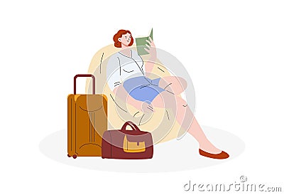 Girl waiting transport in airport, bus stop or railway station. Cute woman sitting in cozy chair and reading book with Vector Illustration