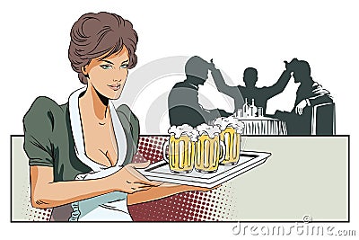 Girl waitress with beer. Silhouettes other people. Vector Illustration