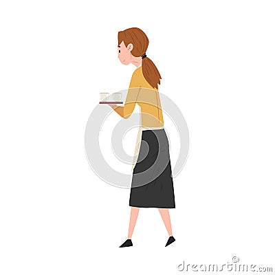 Girl Waitress Character Carrying Cup of Coffee, Restaurant or Cafe Worker in Uniform Vector Illustration Vector Illustration